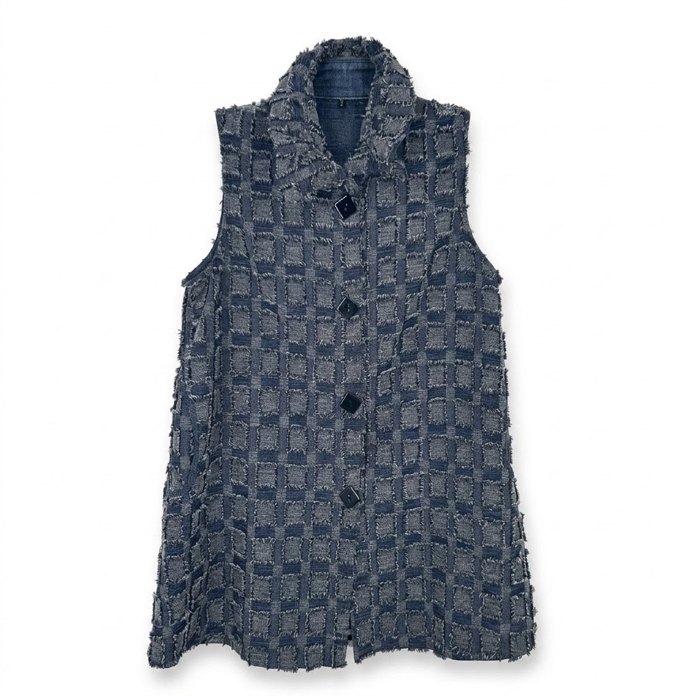 Yushi Women's‎ MEDIUM Blue Textured Grid Frayed Longline Vest Wire Collar USA